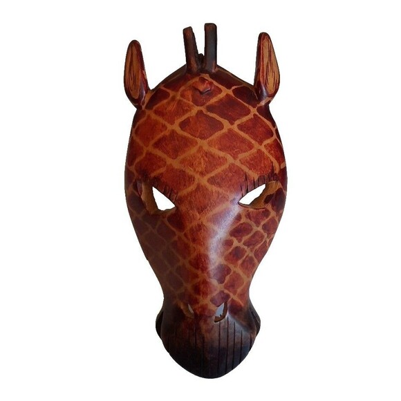 Hand Carved Wood Crafted 10" African Mask Wall Hanging Art Decor Giraffe Safari - Picture 3 of 6